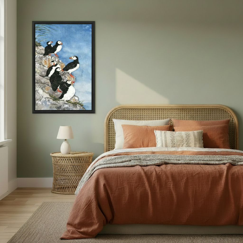 Atlantic puffin watercolor canvas wall art in black frame, sage green bedroom above rattan bed coastal bird decor