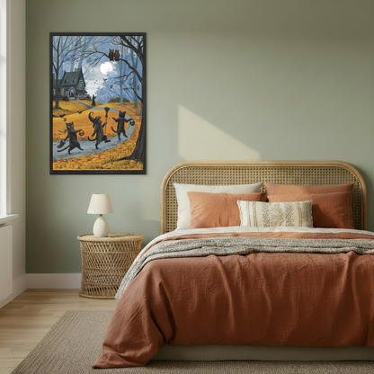 Halloween black cats folk art framed canvas wall art on sage green bedroom wall above rattan bed, spooky fall night decor