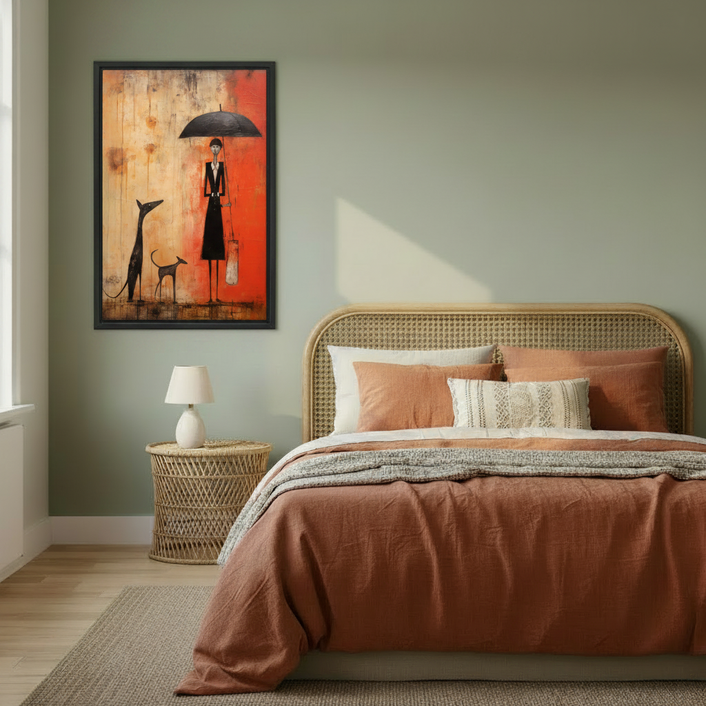 Abstract folk art framed canvas wall art on sage green bedroom wall above rattan bed, stylized woman umbrella greyhound dogs bold orange painting