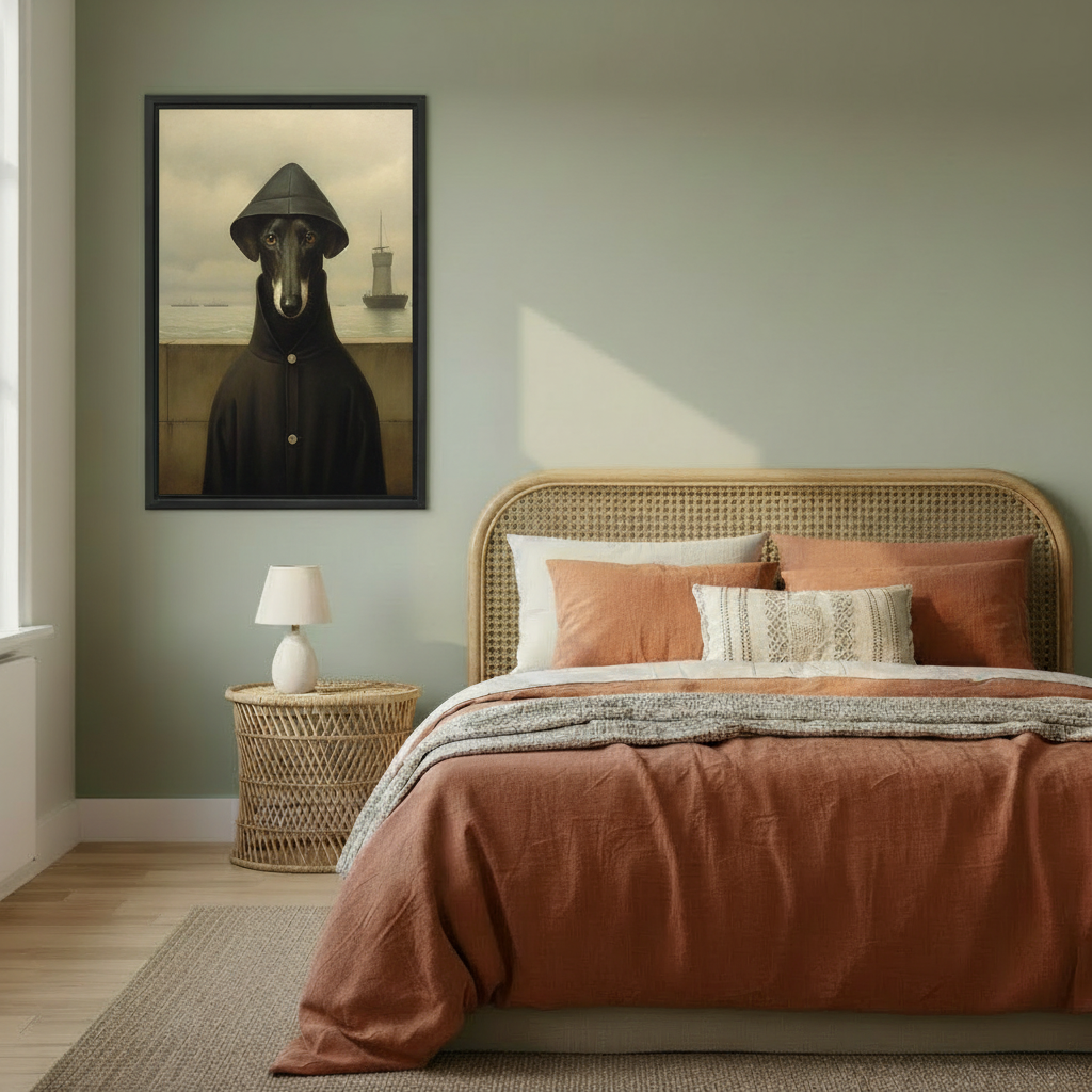 Surrealist greyhound dog portrait oil painting framed canvas wall art on sage green bedroom wall above rattan bed, moody dark academia decor