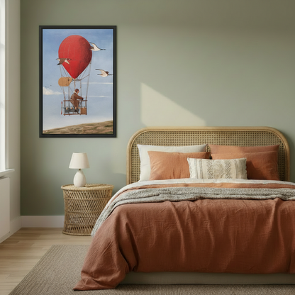 Steampunk hot air balloon fantasy oil painting framed canvas wall art on sage green bedroom wall above rattan bed, whimsical adventure home decor