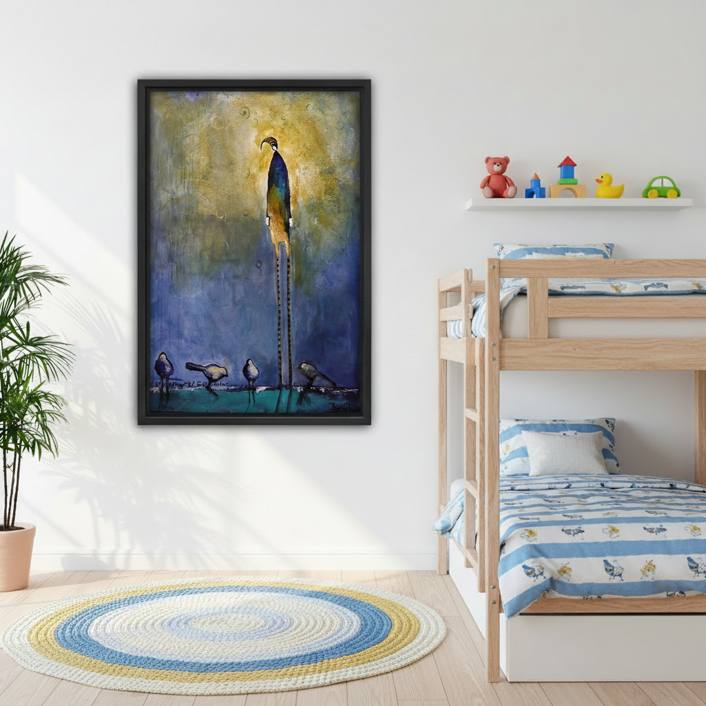 Framed whimsical bird canvas art print hanging in children's bedroom with bunk bed
