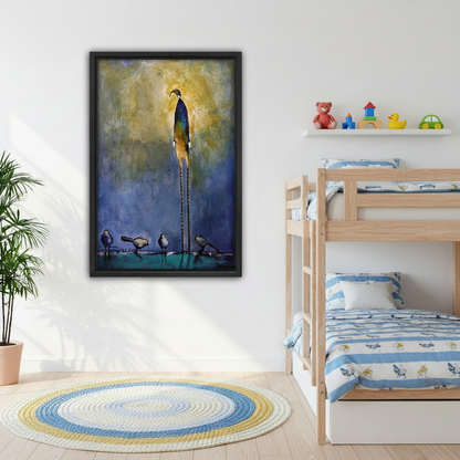 Framed whimsical bird canvas art print hanging in children's bedroom with bunk bed