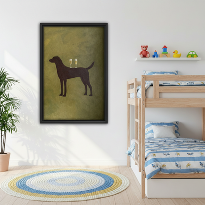 Minimalist dog silhouette champagne framed canvas print displayed in bright bedroom with bunk bed