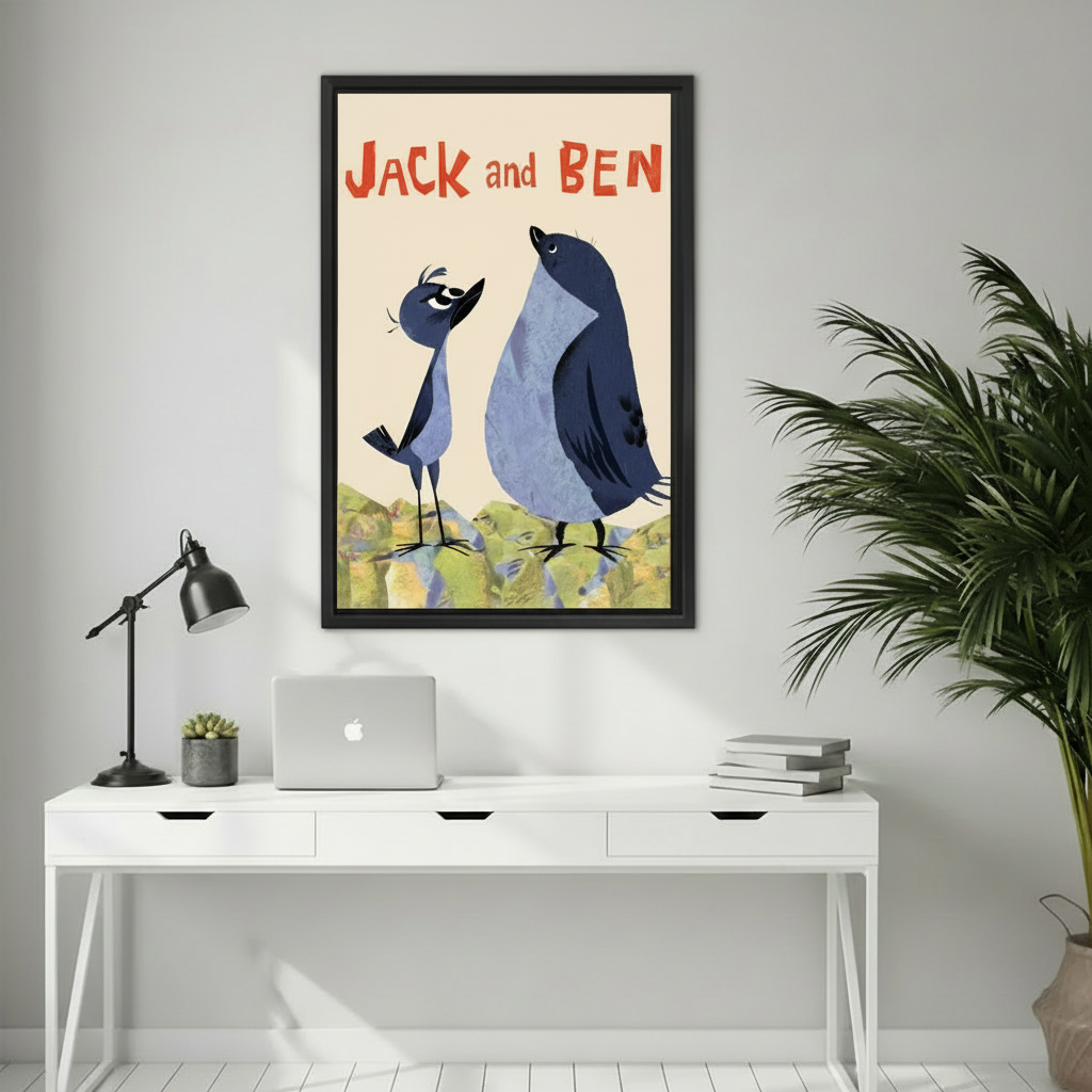 Jack and Ben whimsical bird art print in black frame above white desk – modern home office wall decor