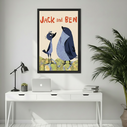 Jack and Ben whimsical bird art print in black frame above white desk – modern home office wall decor