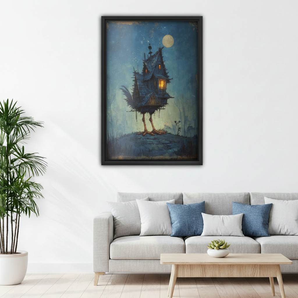 Dark fantasy gothic canvas wall art print hanging above white sofa in living room