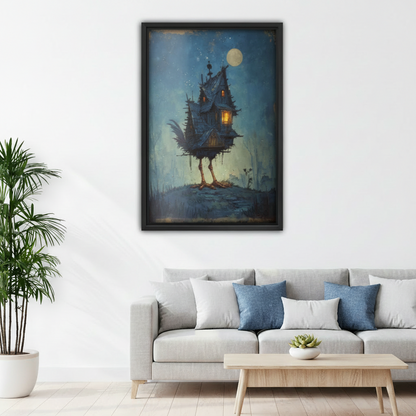 Dark fantasy gothic canvas wall art print hanging above white sofa in living room