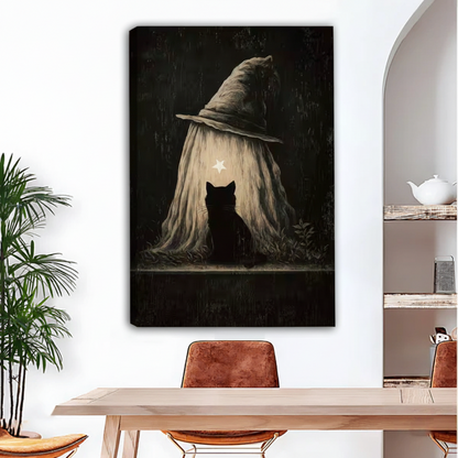Black cat under glowing witch hat canvas wall art, dark atmospheric gallery wrap print for dining room