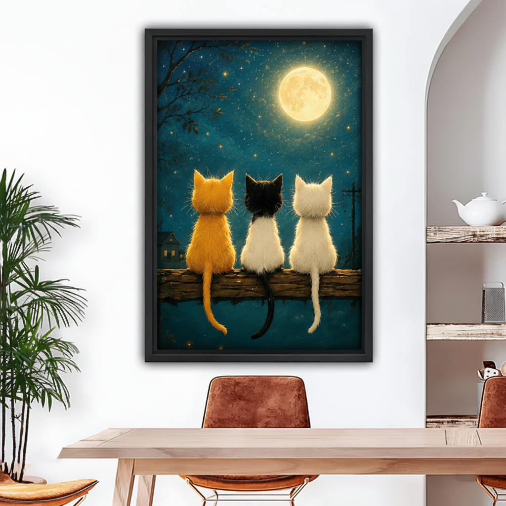 Moonlit cats framed wall art – whimsical night sky canvas print for home decor