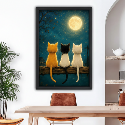 Moonlit cats framed wall art – whimsical night sky canvas print for home decor