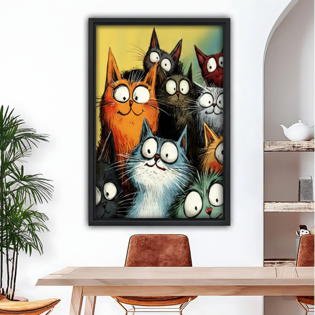 Funny cats framed wall art print above dining table – vibrant cartoon cat poster for kitchen and dining room decor