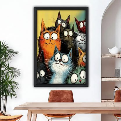 Funny cats framed wall art print above dining table – vibrant cartoon cat poster for kitchen and dining room decor