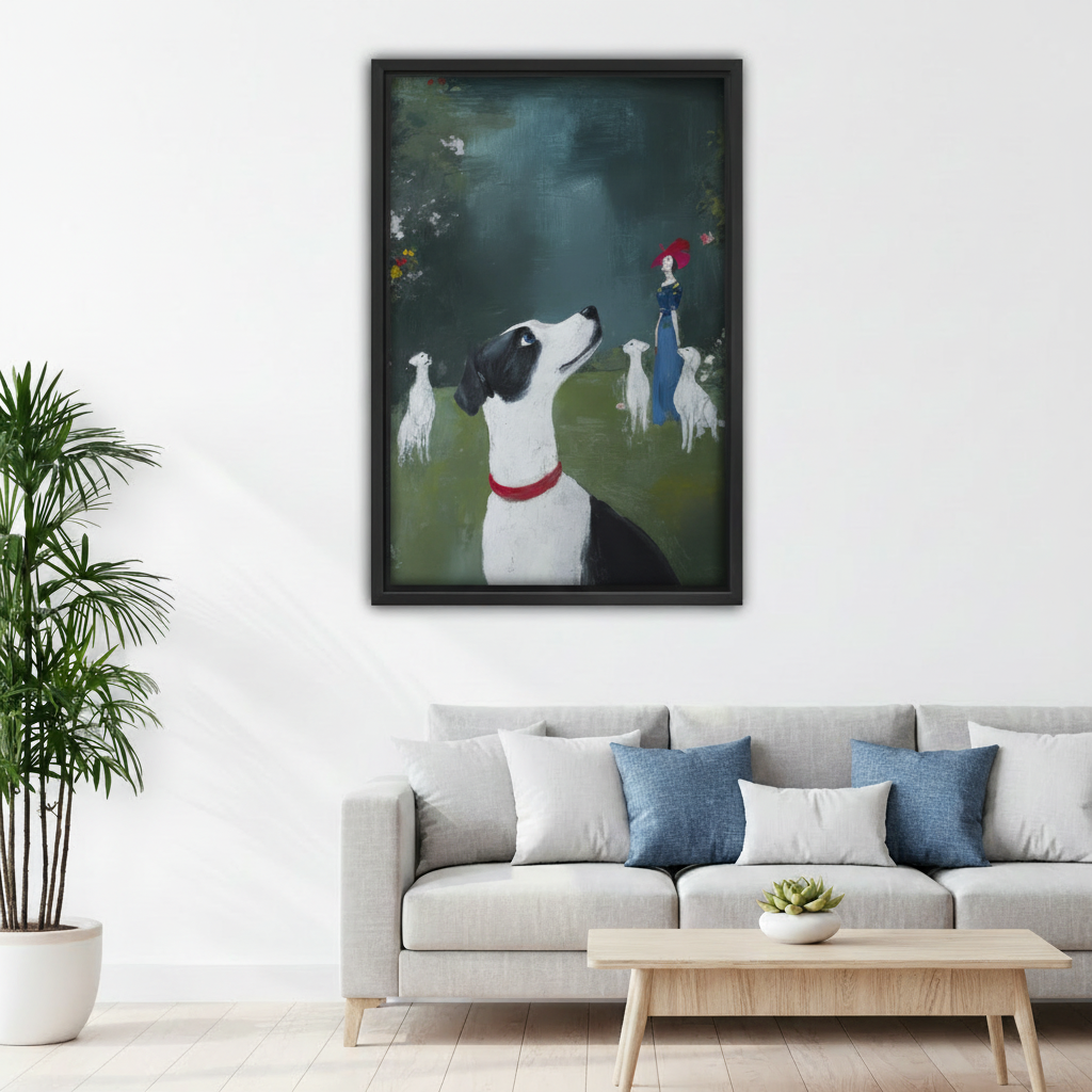 Classic vintage oil painting canvas wall art above gray sofa in bright modern living room
