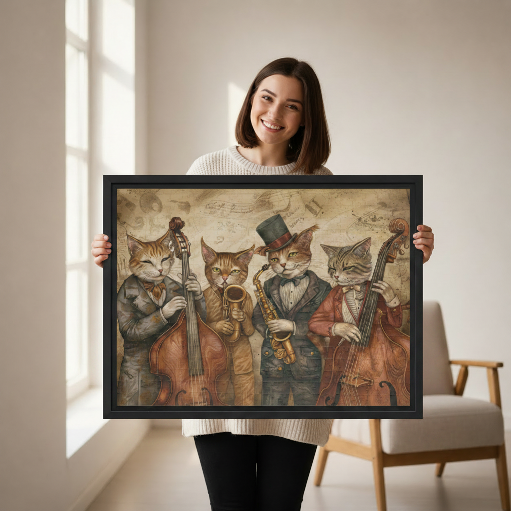 Woman holding large framed vintage jazz cat band retro music canvas wall art print