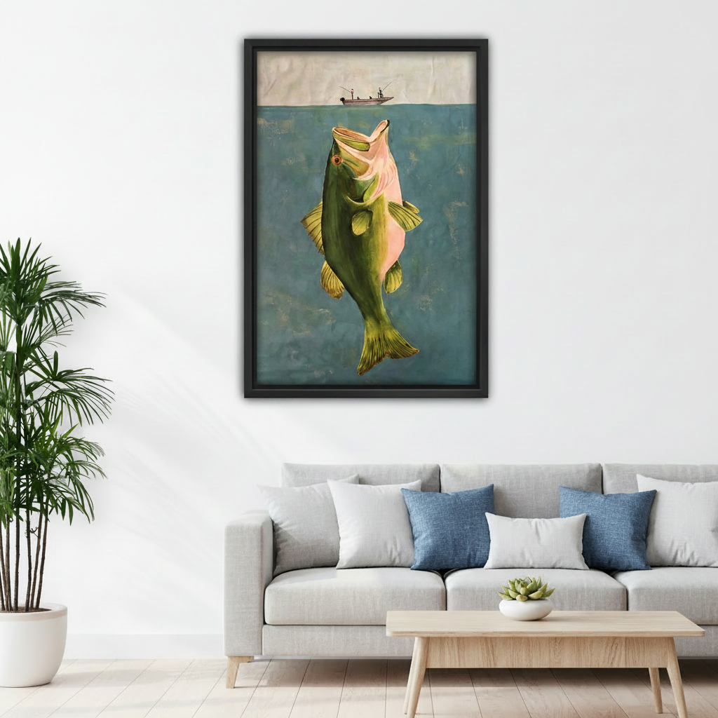 Bass fishing vintage framed wall art in modern living room, large black frame canvas print above gray sofa, fishing gift for home decor