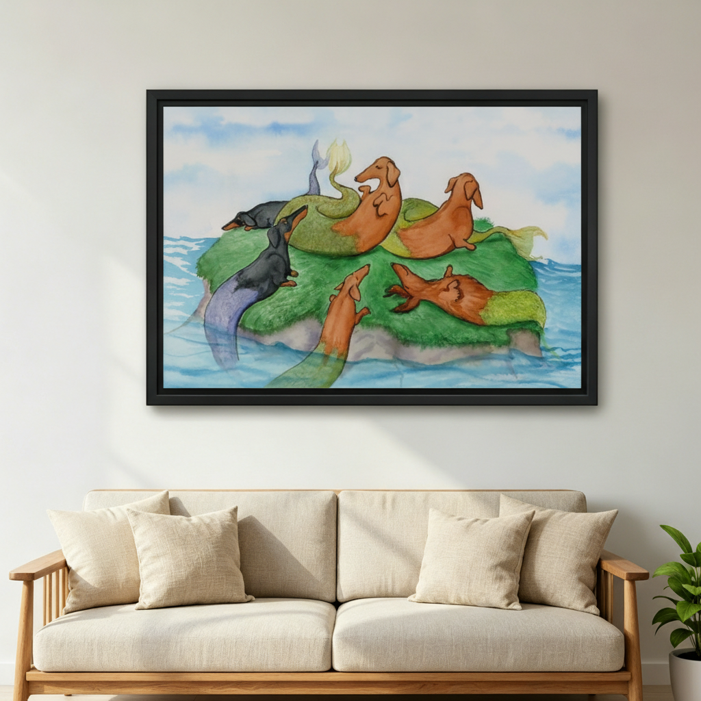 Dachshund island watercolor framed print above beige sofa living room wall art decor