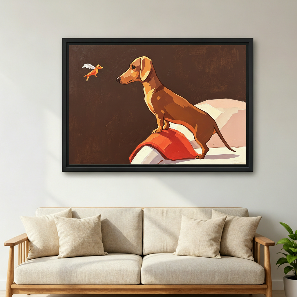 Whimsical dachshund watching bird framed canvas print above beige sofa living room wall art