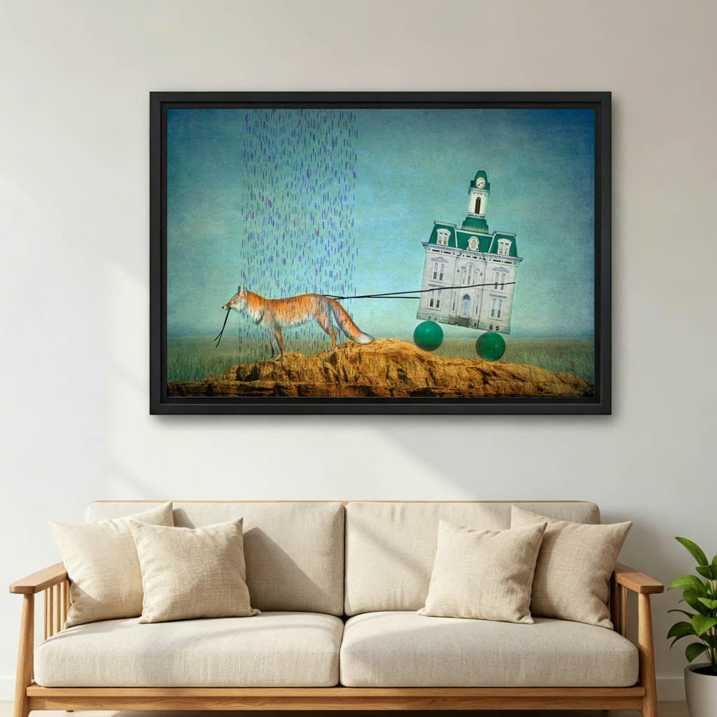 Fox pulling Victorian building surrealist framed canvas wall art above beige sofa living room decor