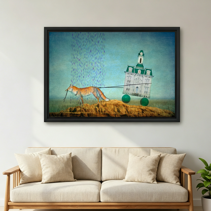 Fox pulling Victorian building surrealist framed canvas wall art above beige sofa living room decor