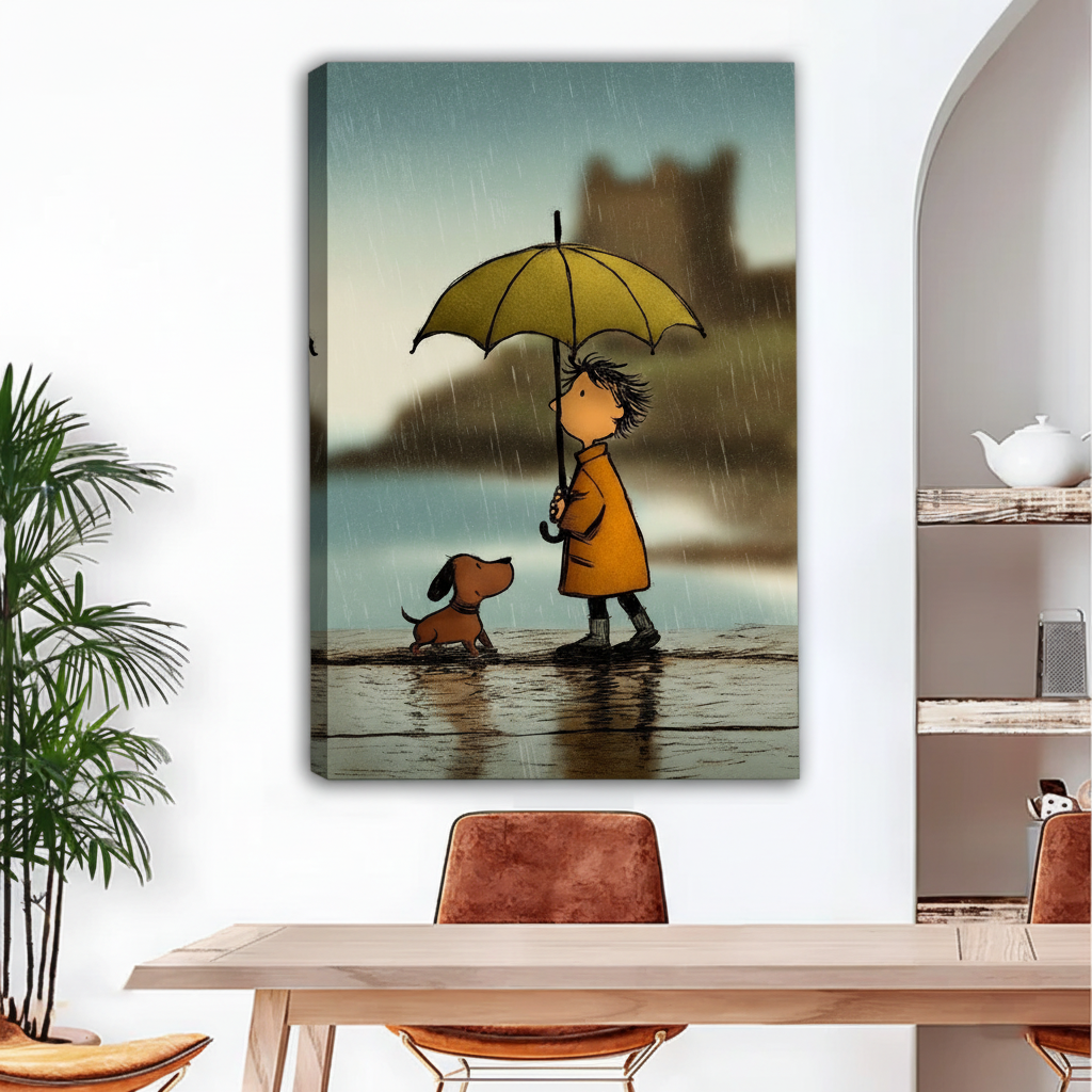 Rainy day boy and dog gallery wrap canvas art with visible side depth above dining table — whimsical wall decor