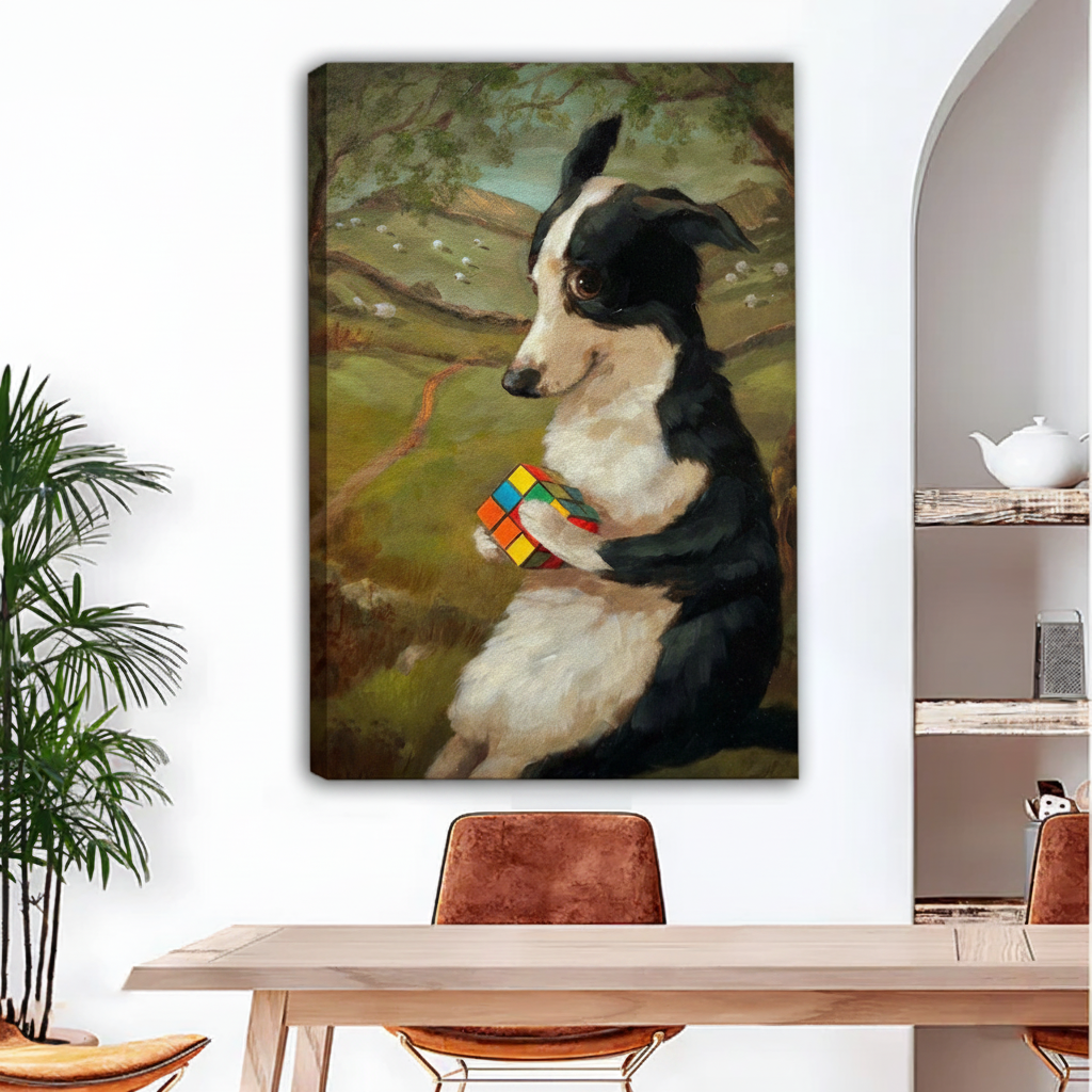 Vintage Border Collie canvas art print holding Rubik's Cube in pastoral landscape, displayed above dining table