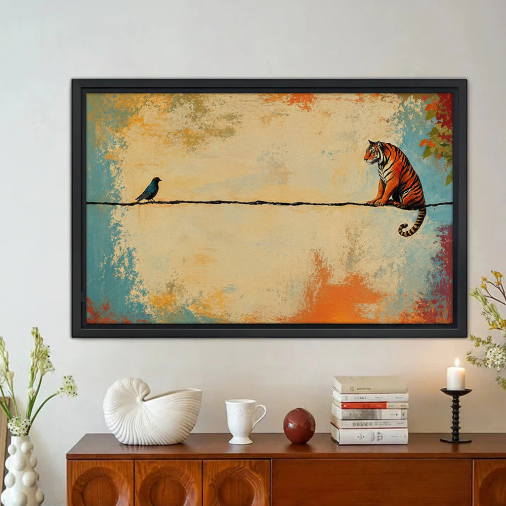 Tiger and Bird on Wire Wall Art – Framed Canvas Print|Liberty Signs#L1798