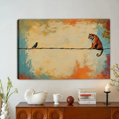 Tiger and Bird on Wire Wall Art – Framed Canvas Print|Liberty Signs#L1798