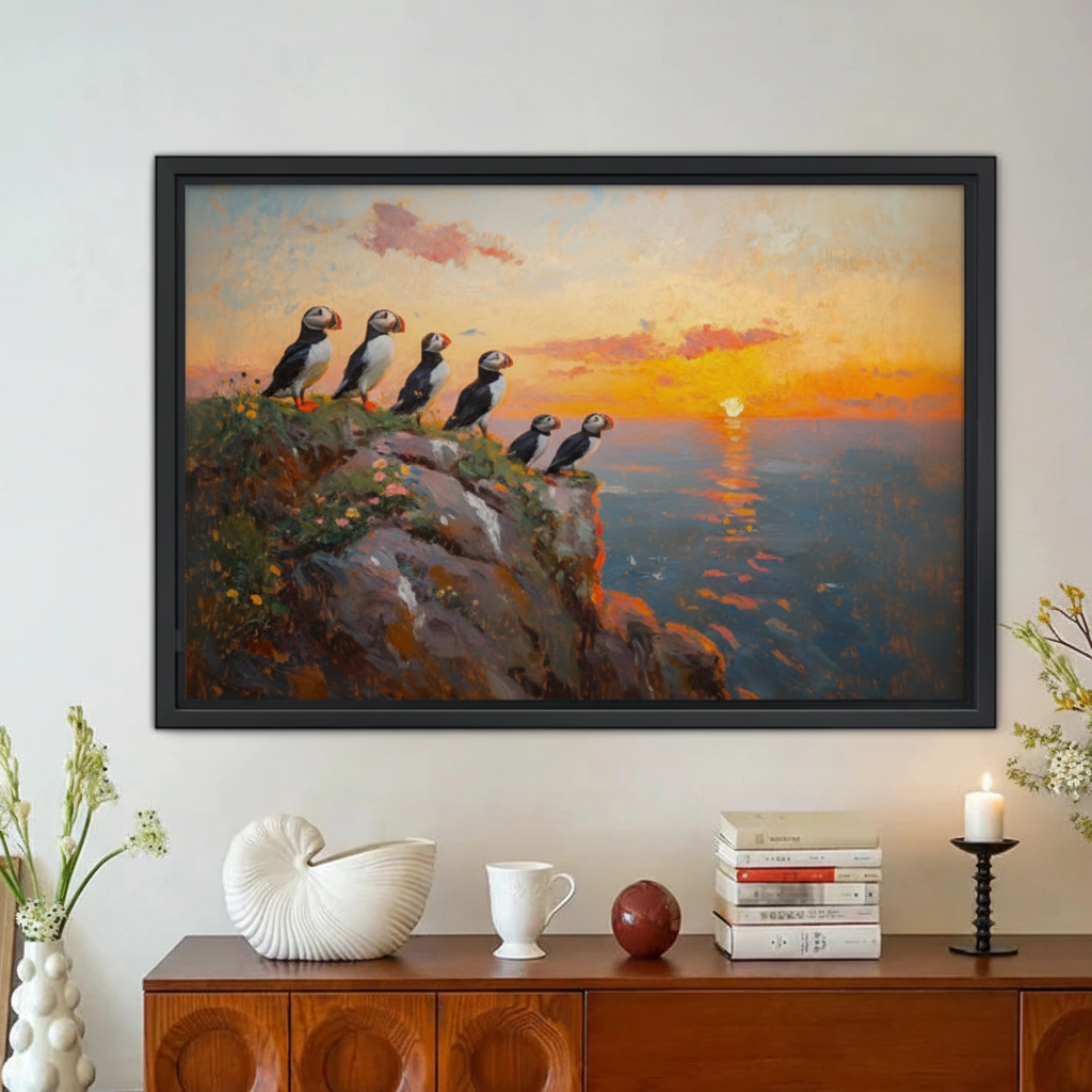 Puffins at Sunset Coastal Wall Art – Framed Canvas Print|Liberty Signs#L1799