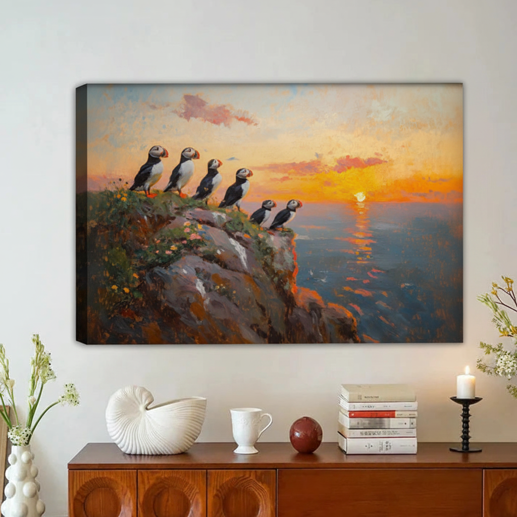 Puffins at Sunset Coastal Wall Art – Framed Canvas Print|Liberty Signs#L1799