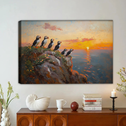 Puffins at Sunset Coastal Wall Art – Framed Canvas Print|Liberty Signs#L1799