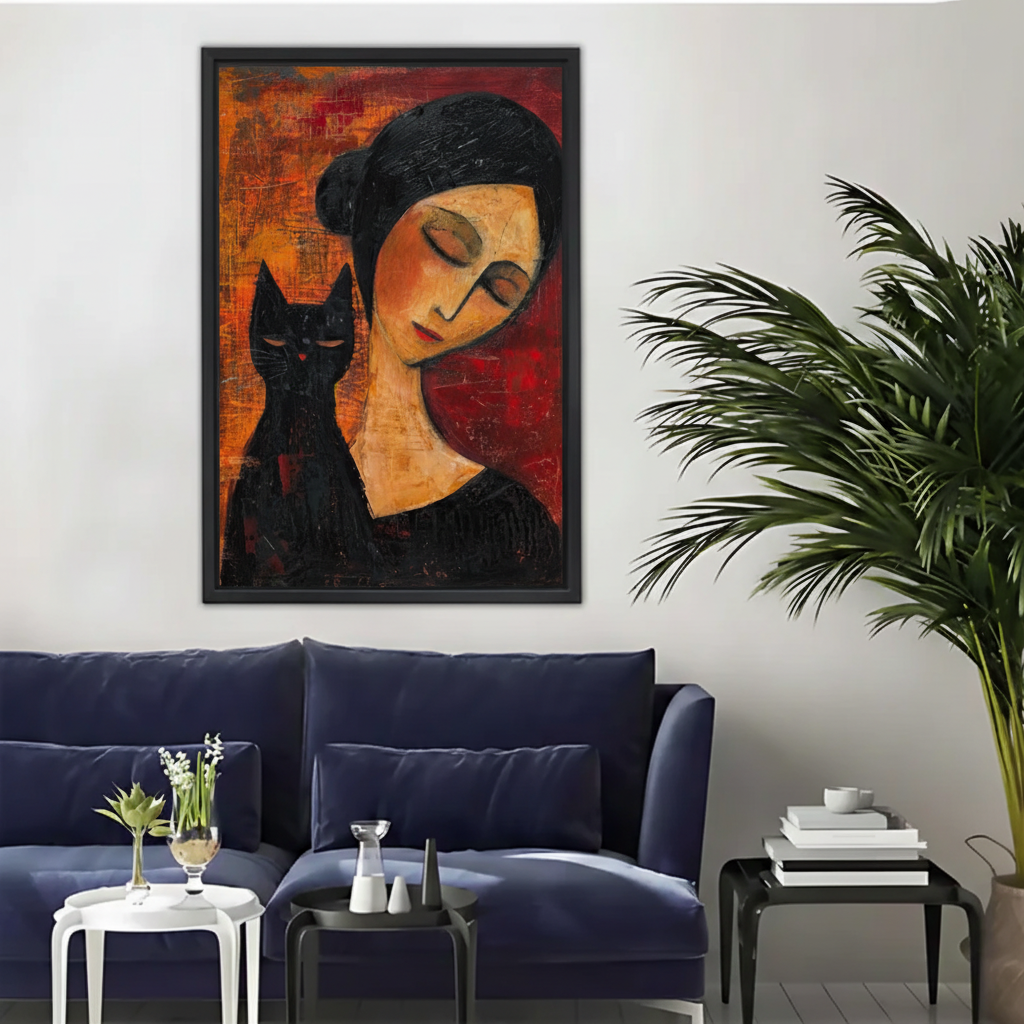 Woman and Black Cat Portrait Wall Art – Framed Canvas Print|Liberty Signs#L1800