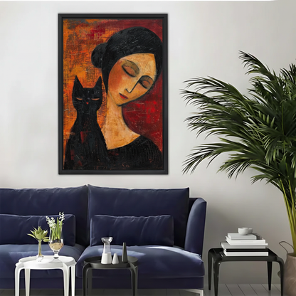 Woman and Black Cat Portrait Wall Art – Framed Canvas Print|Liberty Signs#L1800