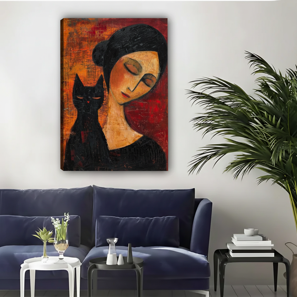 Woman and Black Cat Portrait Wall Art – Framed Canvas Print|Liberty Signs#L1800