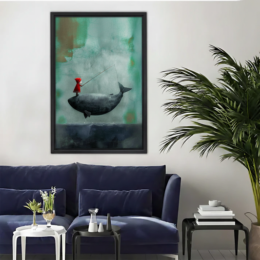 Girl Fishing on a Whale Wall Art – Surreal Framed Canvas|Liberty Signs#L1804