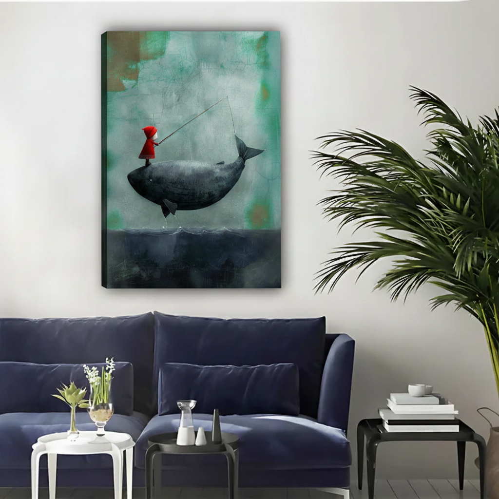 Girl Fishing on a Whale Wall Art – Surreal Framed Canvas|Liberty Signs#L1804