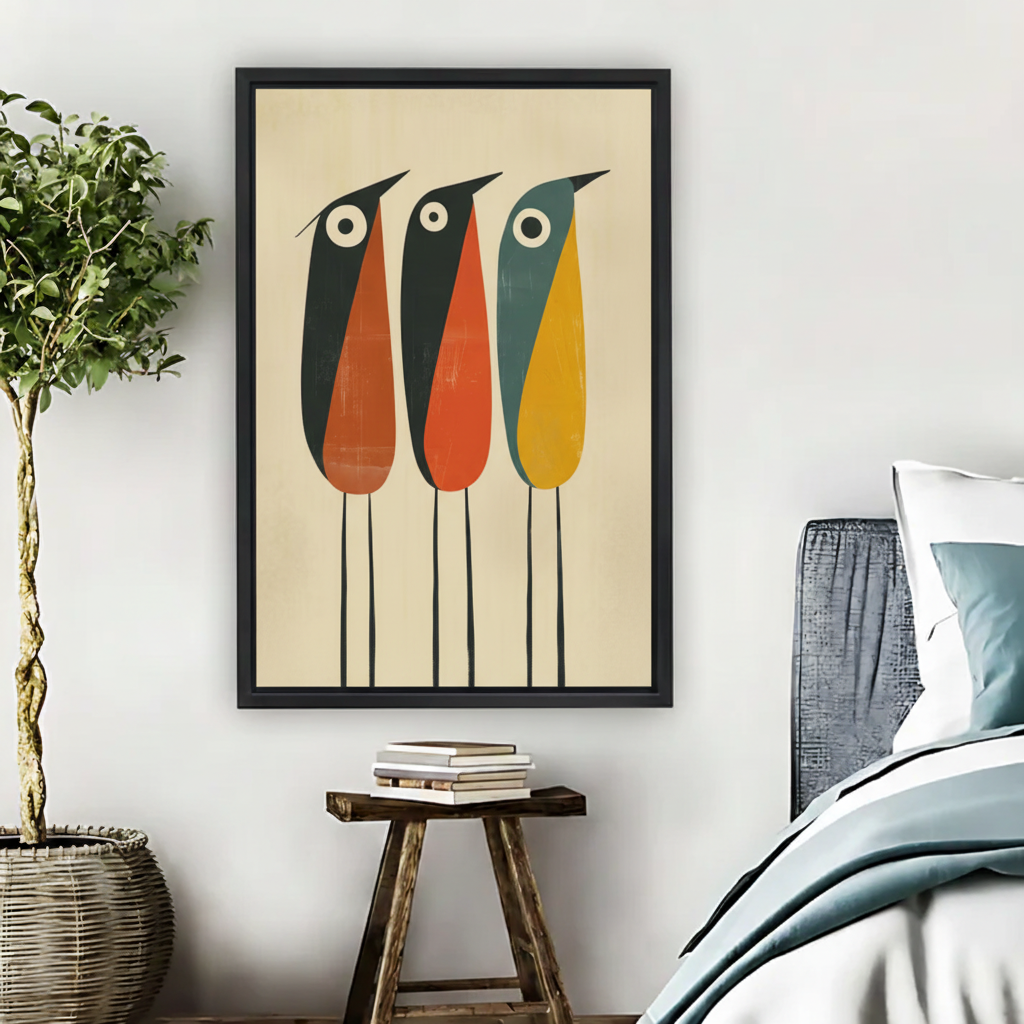 Three Colorful Birds Wall Art – Mid-Century Modern Framed Canvas|Liberty Signs#L1801