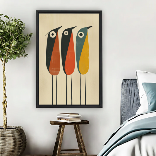 Three Colorful Birds Wall Art – Mid-Century Modern Framed Canvas|Liberty Signs#L1801