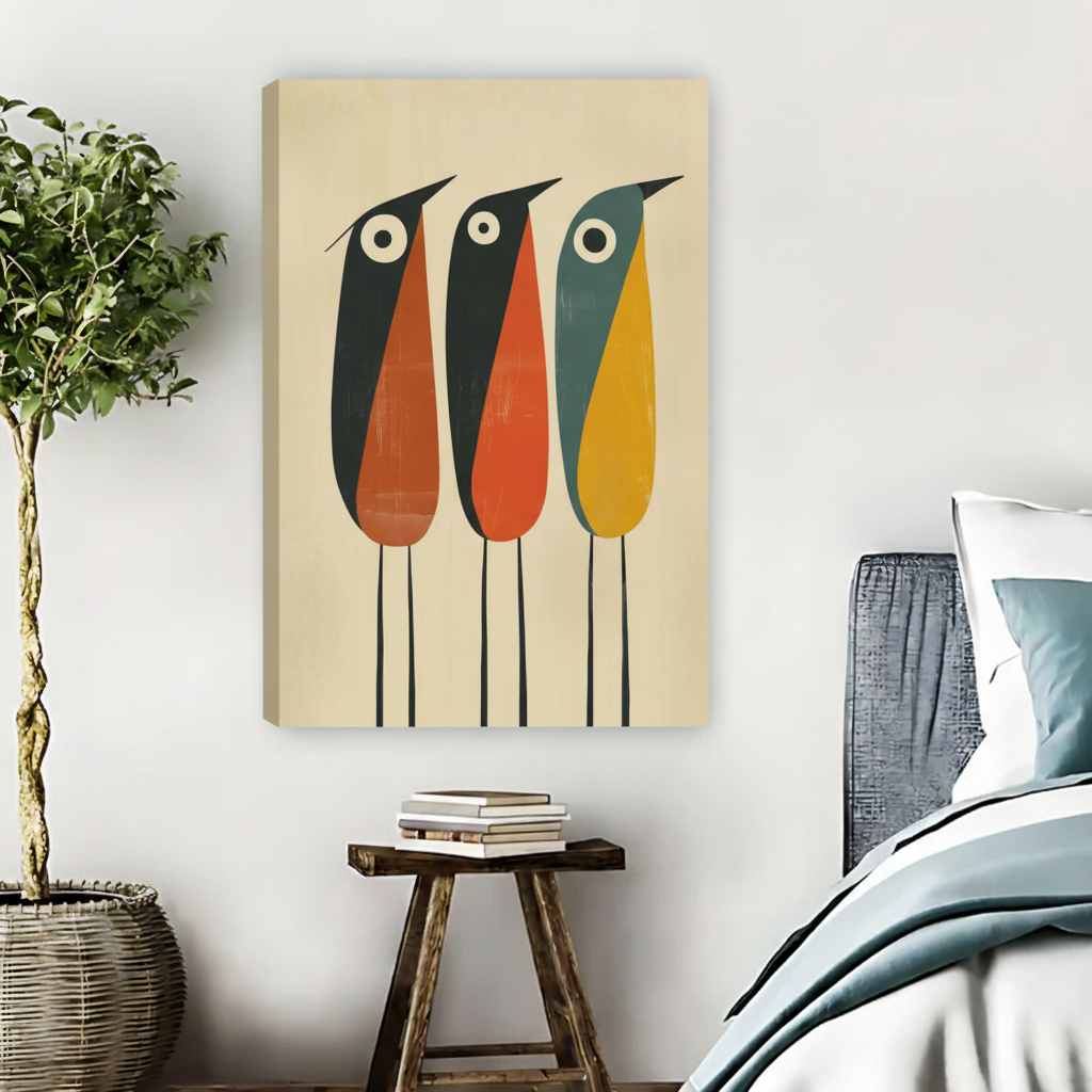 Three Colorful Birds Wall Art – Mid-Century Modern Framed Canvas|Liberty Signs#L1801