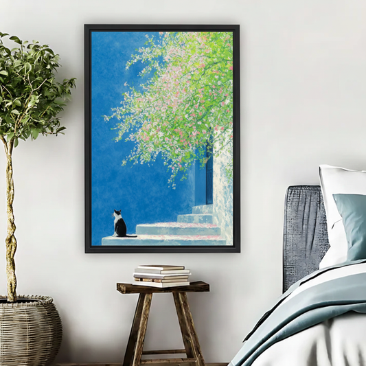 Cat on Steps Under Blooming Tree – Framed Canvas Print|Liberty Signs#L1813