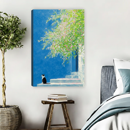 Cat on Steps Under Blooming Tree – Framed Canvas Print|Liberty Signs#L1813