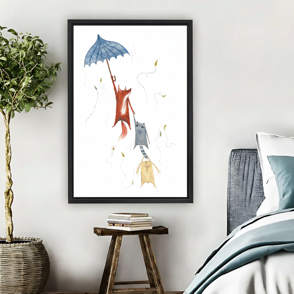 Fox Raccoon Bunny Flying Umbrella Wall Art – Framed Canvas|Liberty Signs#L1814