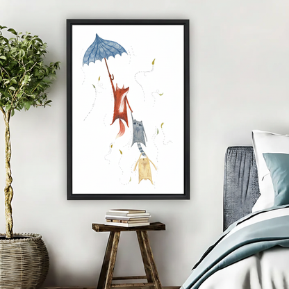 Fox Raccoon Bunny Flying Umbrella Wall Art – Framed Canvas|Liberty Signs#L1814