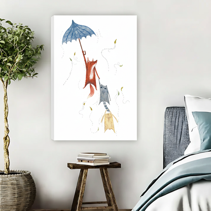 Fox Raccoon Bunny Flying Umbrella Wall Art – Framed Canvas|Liberty Signs#L1814