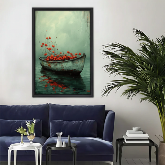 Red Poppies in Boat Wall Art – Moody Framed Canvas Print|Liberty Signs#L1816