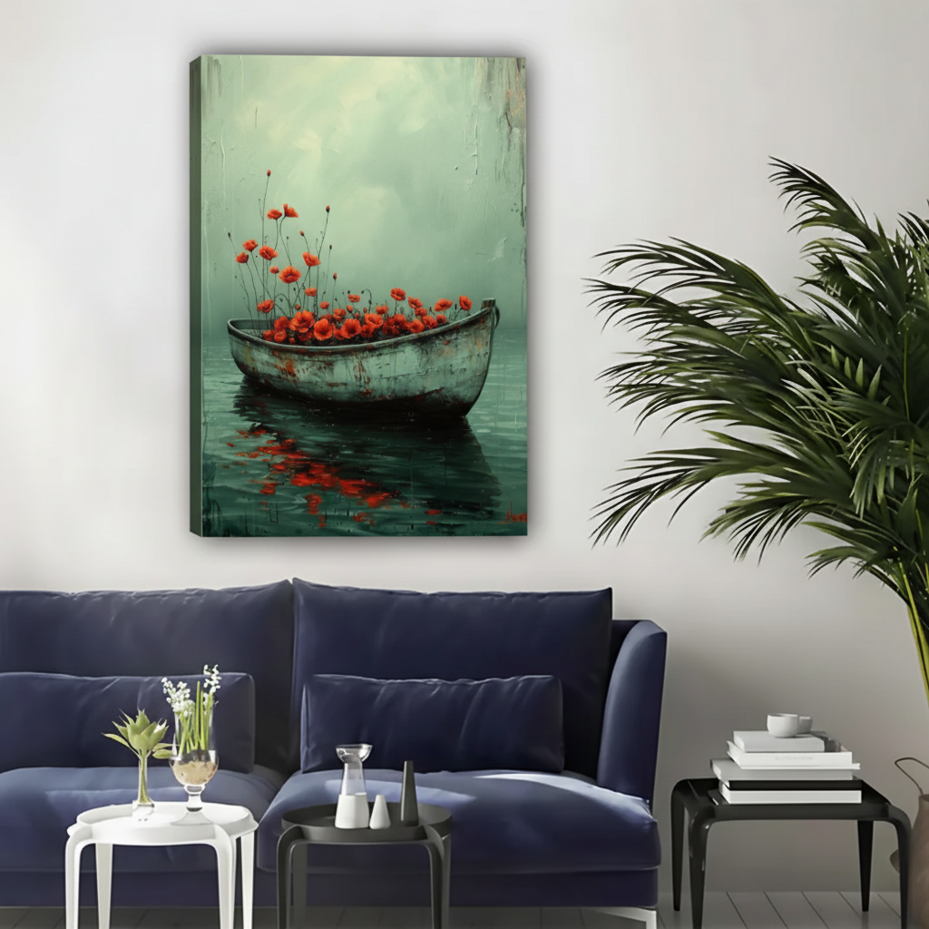 Red Poppies in Boat Wall Art – Moody Framed Canvas Print|Liberty Signs#L1816