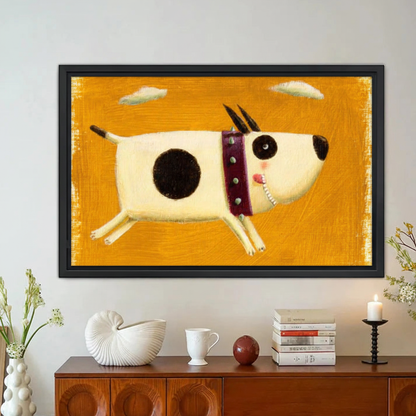 Funny Spotted Dog Running Wall Art – Framed Canvas Print|Liberty Signs#L1826