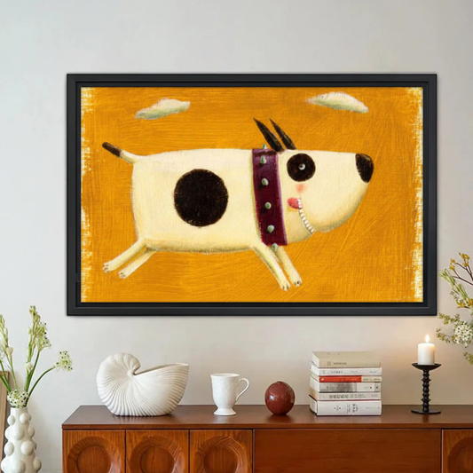 Funny Spotted Dog Running Wall Art – Framed Canvas Print|Liberty Signs#L1826
