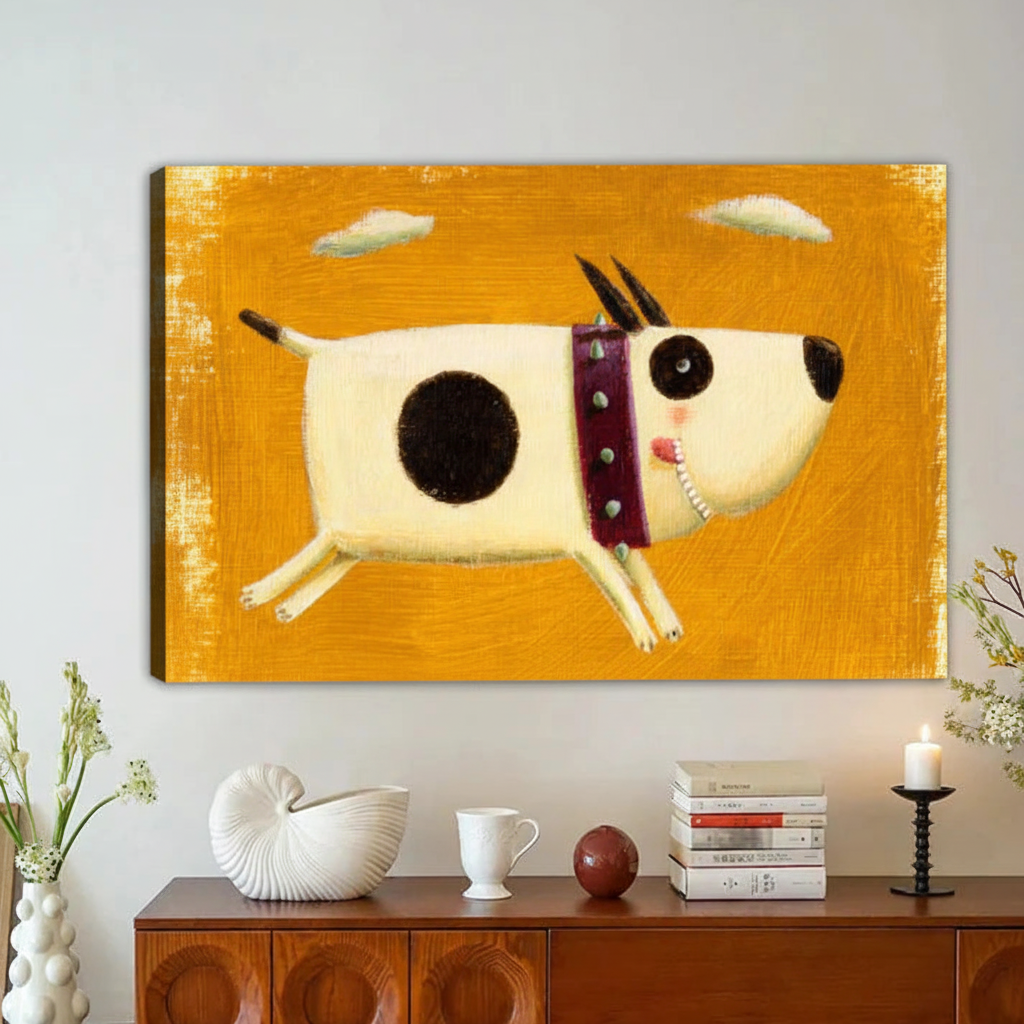 Funny Spotted Dog Running Wall Art – Framed Canvas Print|Liberty Signs#L1826