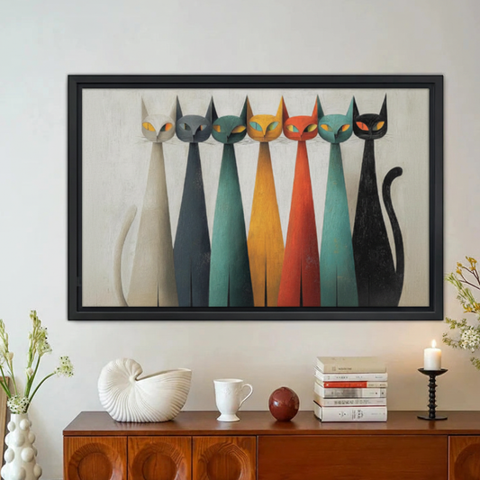 Seven Cats Mid-Century Modern Wall Art – Framed Canvas Print|Liberty Signs#L1827